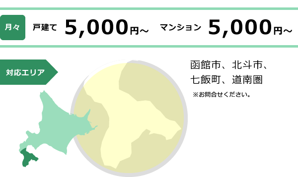 月々　戸建て5,000円～　マンション5,000円～　対応エリア　函館市、北斗市、七飯町、道内圏